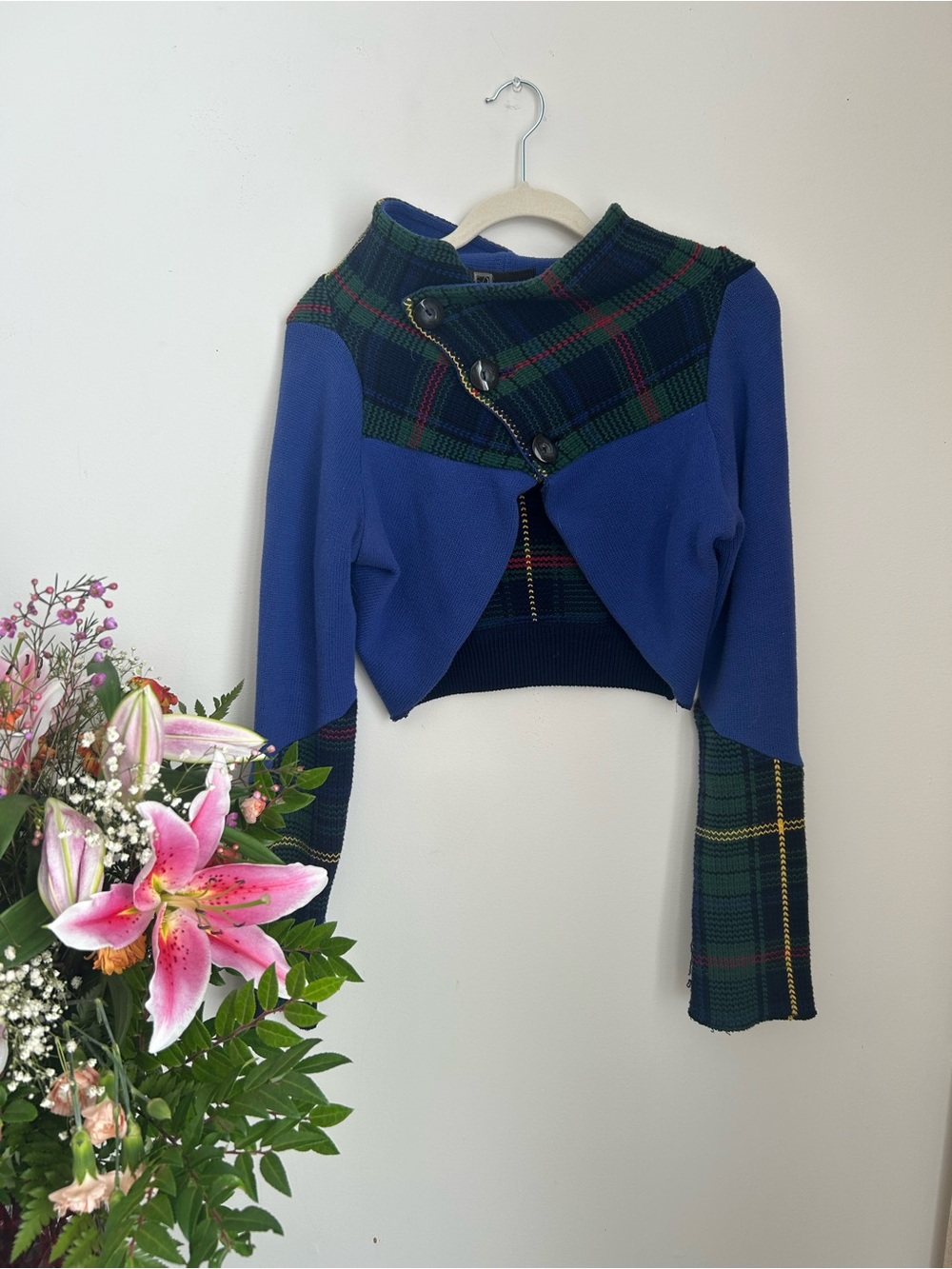 Cropped Blue Plaid Button-Accent sweater